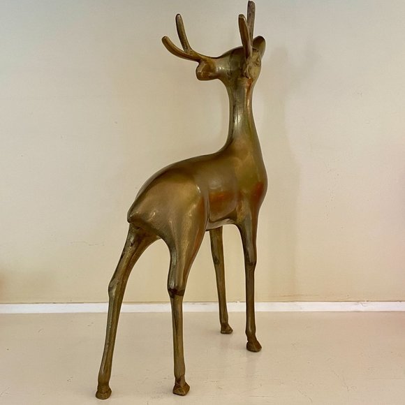 Large 12" Mid Century Standing Brass Deer Figure Xmas Reindeer Holiday Decor - Picture 5 of 8